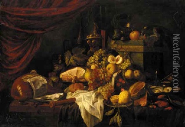A Cornucopia Of Fruits Alongside Musical Instruments On A Table Oil Painting - Edgard Farasyn