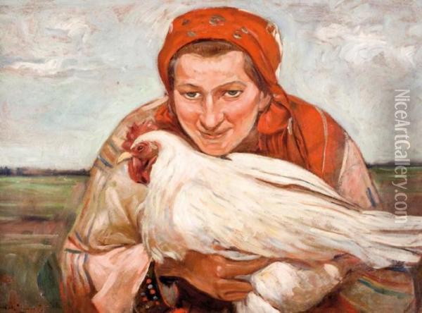 Kobieta Z Kura Oil Painting - Wincenty Wodzinowski