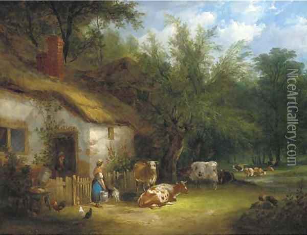 A milkmaid and cattle by a cottage gate Oil Painting - Henry Shayer