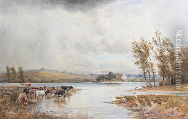 Cattle Watering By A River Oil Painting - George Warren Blackham