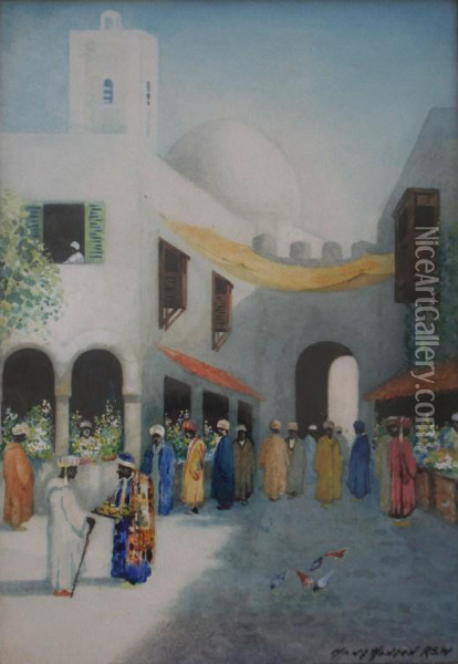 Flower Market, Oran; An Arab Street Oil Painting - Hans Nicolaj Hansen