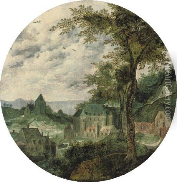 A River Landscape With A Town, A Palace And A Church Oil Painting - Frans Mostaert