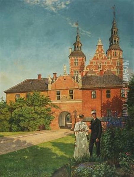 A Student And His Fiancee In Rosenborg Castle Gardens Oil Painting - Svend Ronne