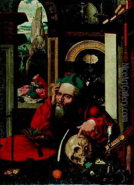 Saint Jerome in his study, a landscape beyond Oil Painting - Joos Van Cleve