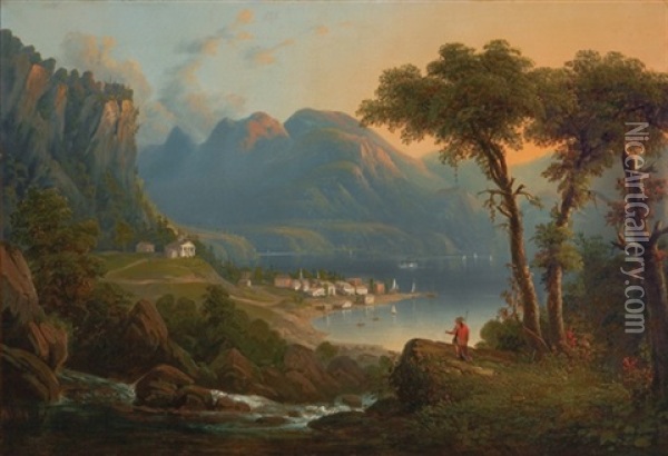 Chief Daniel Ninham Looking Across The Hudson River At Cold Spring Oil Painting - Regis Francois Gignoux