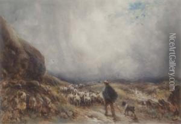 Watercolour 'stormy Day On The Fells, Westmorland' Signed 6.5 X 9.75in Oil Painting - William Manners