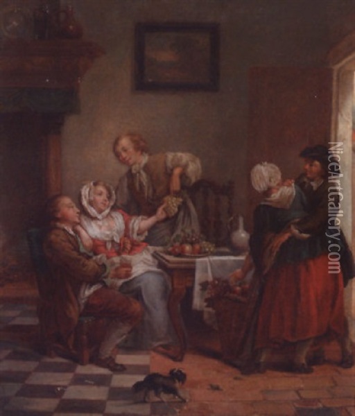 An Interior With Figures Drinking And Eating Fruit Oil Painting - Jean-Baptiste Charpentier the Elder