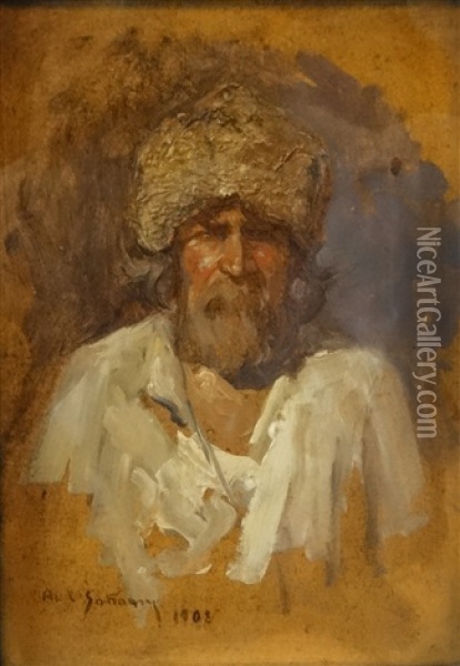 Old Peasant Oil Painting - Alexandru Satmary