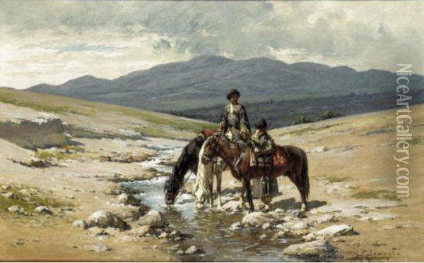 Watering The Horses Oil Painting - Richard Karlovich Zommer