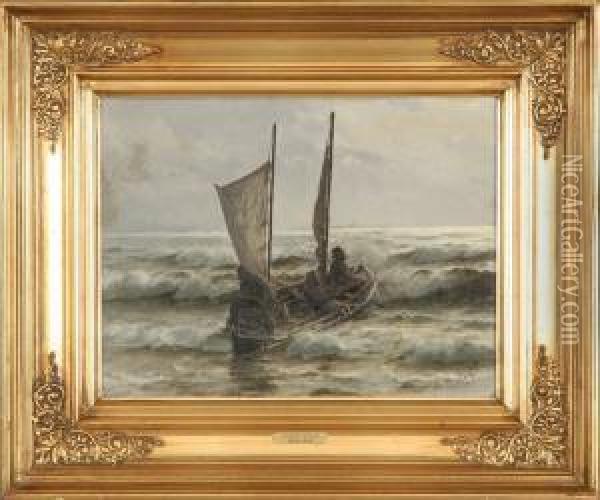Fishermen In A Boat Oil Painting - Lauritz B. Holst