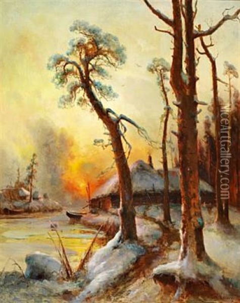 Sunset Over A Winter Landscape With A Hut By A River (collab. W/studio) Oil Painting - Yuliy Yulevich (Julius) Klever