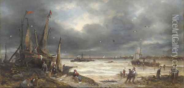 Fisherfolk working on the shore Oil Painting - John Anthony Puller