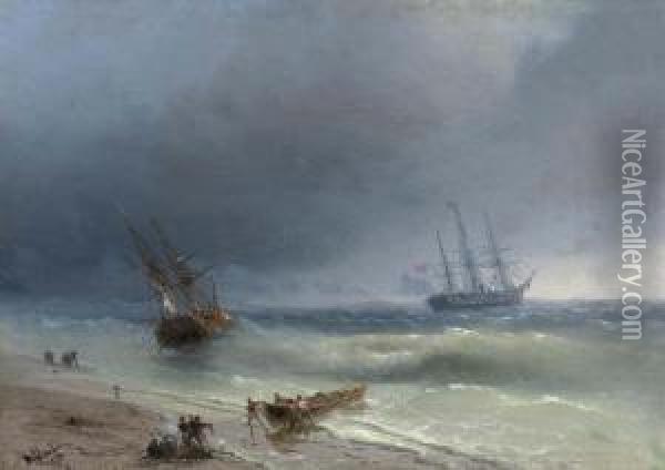 Two Sailing Ships And A Rowing Boat With Sailors At The Coast. 1872. Oil Painting - Ivan Konstantinovich Aivazovsky