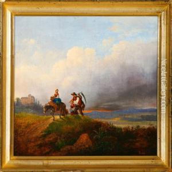 Italian Mountainlandscape With A Woman On A Donkey Oil Painting - Johan Frederik Rohde