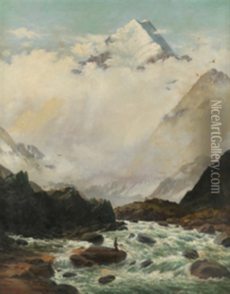 Fjellandskap Med Fisker Oil Painting - John Gibb