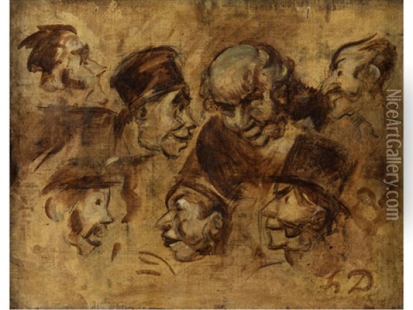 Sieben Karikaturkopfe Oil Painting - Honore Daumier