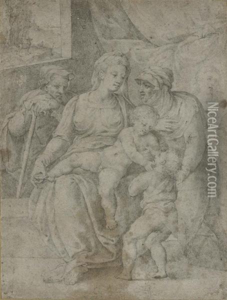 The Holy Family With Saint Elizabeth And The Infant Baptist Oil Painting - Giorgio-Giulio Clovio