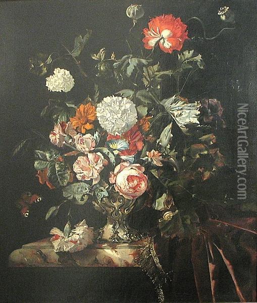 A Still Life With Roses, Poppies And Other Flowers In A Silver Vase Oil Painting - Willem Van Aelst
