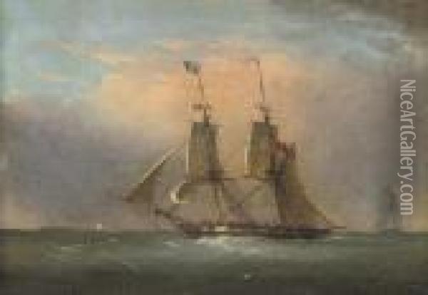 A Packet In The Channel (illustrated); And A Royal Naval Two-deckerrunning Inshore Oil Painting - Condy, Nicholas Matthews