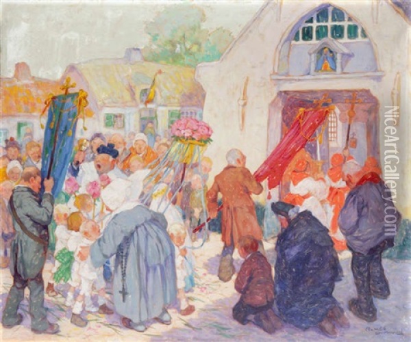 La Rentree De La Procession (sketch) Oil Painting - Romeo Dumoulin