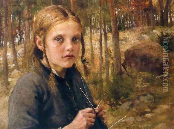 A Girl Knitting Socks Oil Painting - Albert Edelfelt