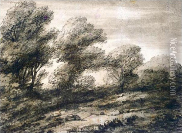 A Wooded Landscape Oil Painting - Thomas Monro