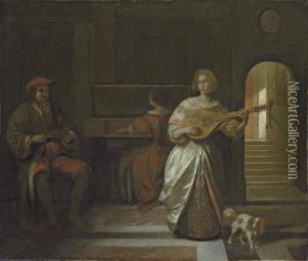 An Elegant Company Making Music In An Interior Oil Painting - Pieter De Hooch
