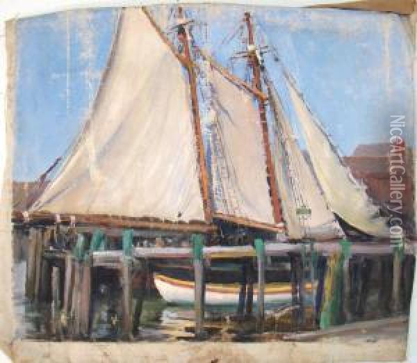 At The Dock. Unsigned. Oil Painting - Alice Judson