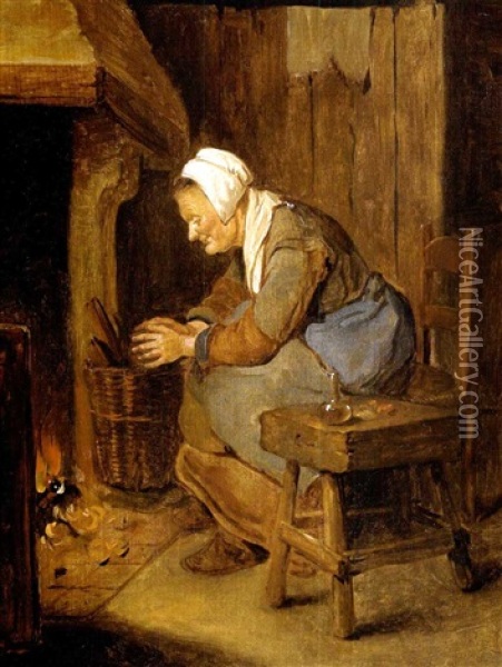 Eine Alte Frau, Die Sich Am Feuer Warmt Oil Painting - Quiringh Gerritsz van Brekelenkam