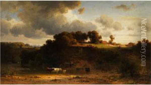 Landschaft Mit Kuhen, Hausern Und Einem Heuwagen Oil Painting - Arnold Meermann