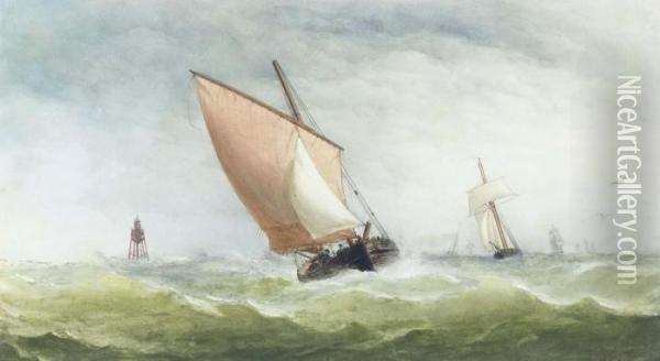 Shipping In A Stiff Breeze Off A Cardinal Buoy Oil Painting - Charles Taylor