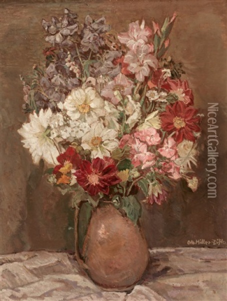 Bunter Blumenstraus In Henkelvase, Sonnig Beleuchtet Oil Painting - Otto Miller-Diflo