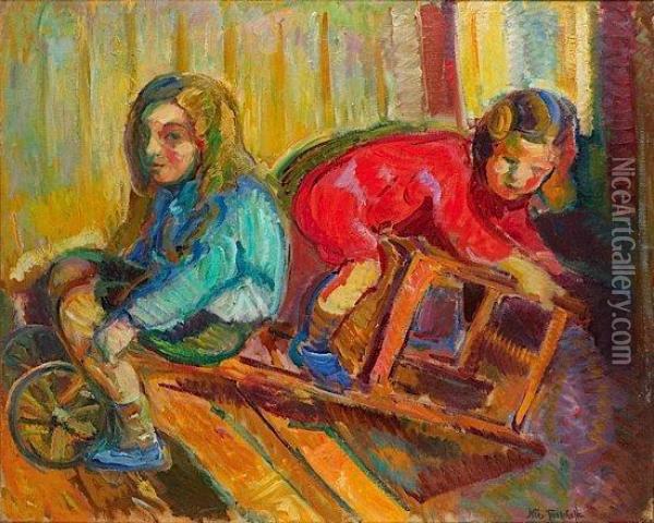 Deux Enfants Jouant A L'automobile Oil Painting - Nicolas Tarkhoff