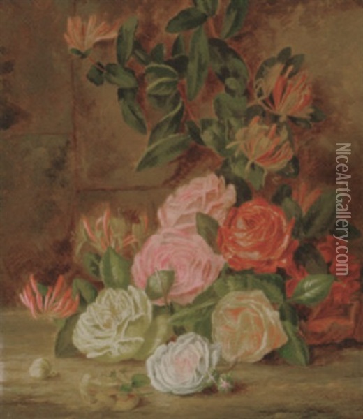 Roses And Honeysuckle On A Wall Oil Painting - Thomas Collins
