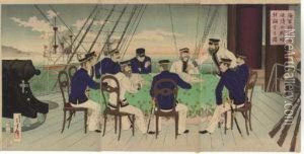 Naval Officers Discussing Battle Strategies Against China Oil Painting - Mizuno Toshikata