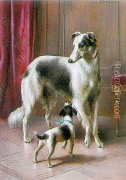 A Borzoi And A Terrier Puppy Oil Painting - Carl Reichert