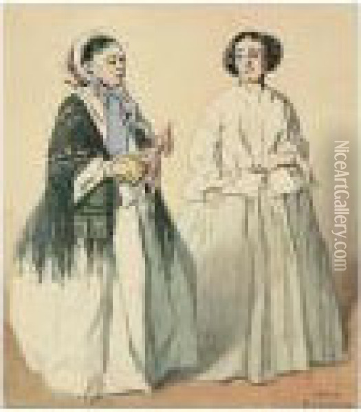 Two Women Oil Painting - Henri Bonaventure Monnier
