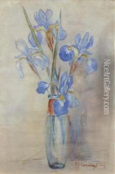 Blue Irisses In A Glass Vase Oil Painting - Menso Kamerlingh Onnes