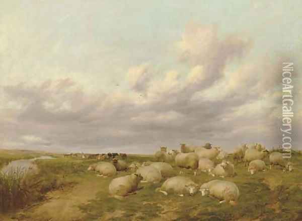 Sheep in Canterbury Meadows Oil Painting - Thomas Sidney Cooper