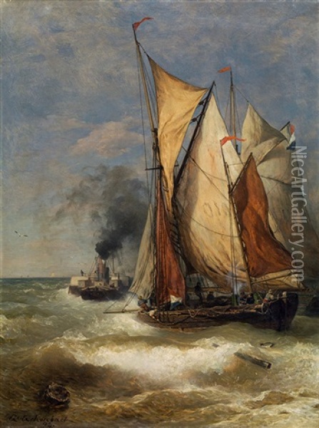 Ships On A Stormy Sea Oil Painting - Andreas Achenbach
