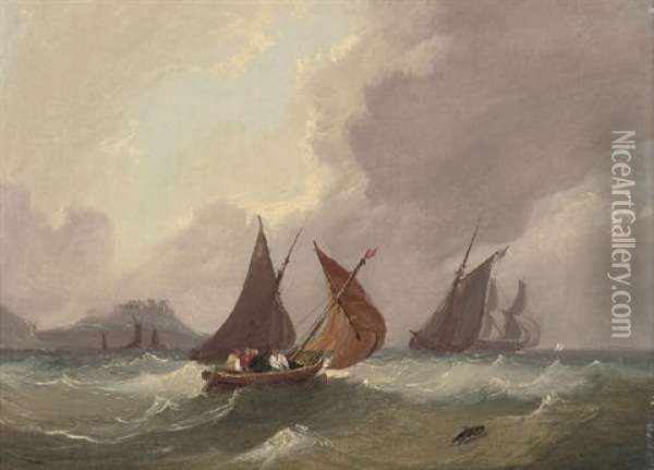 Fishing Boats And Other Shipping Below A Fortified Promontory (+ Shipping In A Squall In The Channel; Pair) Oil Painting - Frederick Calvert