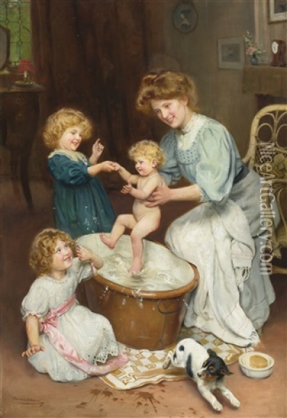 Baby's Bath Time Oil Painting - Arthur John Elsley