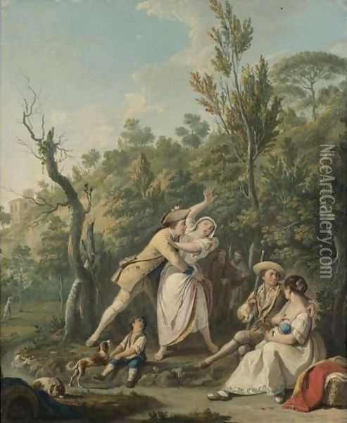 A Wooded Landscape With A Woman Resisting The Advances Of A Soldier, An Amorous Couple Beside Them Oil Painting - Pietro Fabris