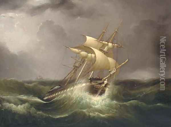 An East Indiaman reefed down and riding out the gale Oil Painting - William Adolphu Knell