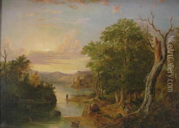 Hudson River Landscape With Figures And A Castle Oil Painting - Henry Ary
