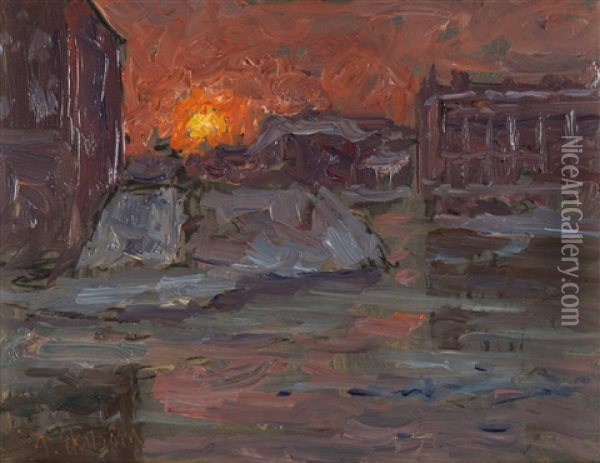 Sunset Over Norrbro Oil Painting - Per Ekstroem
