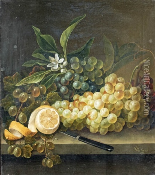 Still Life With Grapes, Knife And Lemon Oil Painting - Gottfried Wilhelm Voelcker