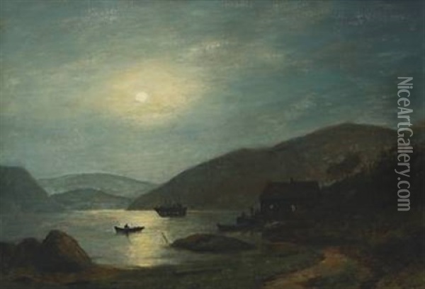 A Coastal Scene With Ship And Rowing Boat In Moon Light Oil Painting - Georg Emil Libert