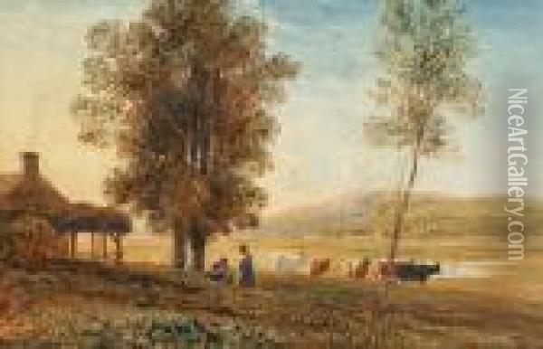Figures And Cattle In A Landscape Oil Painting - David Cox