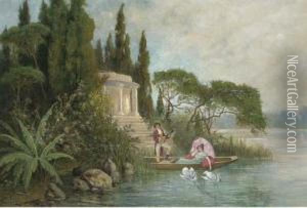 Lovers By The Side Of A Lake, A Classical Temple Beyond Oil Painting - Carl Lorenz